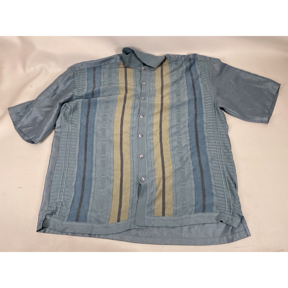 Silversilk Linen Silk Botton Front‎ Hawaiian Shirt Mens Size 3XL Blue Striped